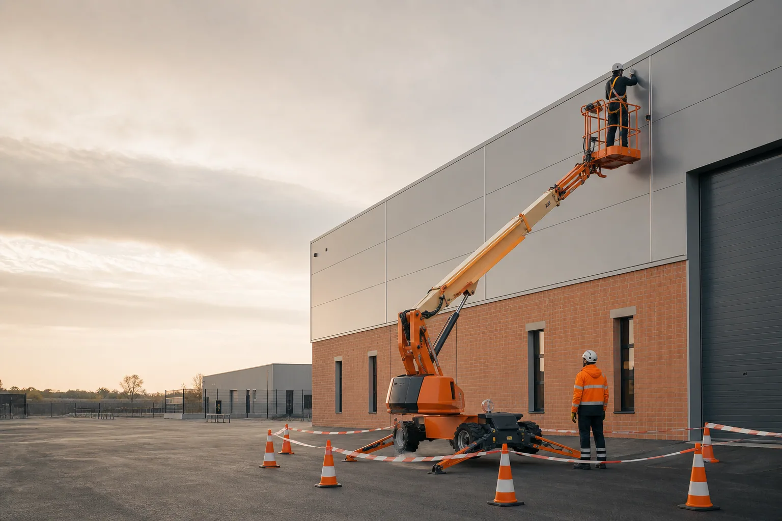 Une nacelle élévatrice orange intervient sur un bâtiment avec un technicien dans le panier et un opérateur au sol, dans le secteur de Toulouse.