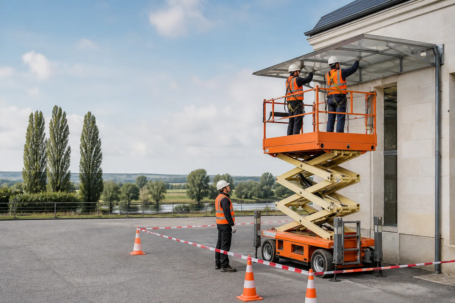 Une nacelle élévatrice orange intervient sur un bâtiment avec un technicien dans le panier et un opérateur au sol, dans le secteur de Tours.