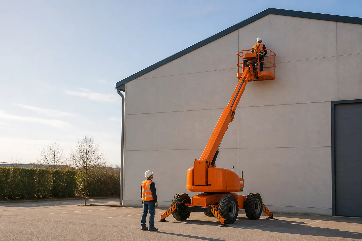 Une nacelle élévatrice orange intervient sur un bâtiment avec un technicien dans le panier et un opérateur au sol, dans le secteur de Troyes.