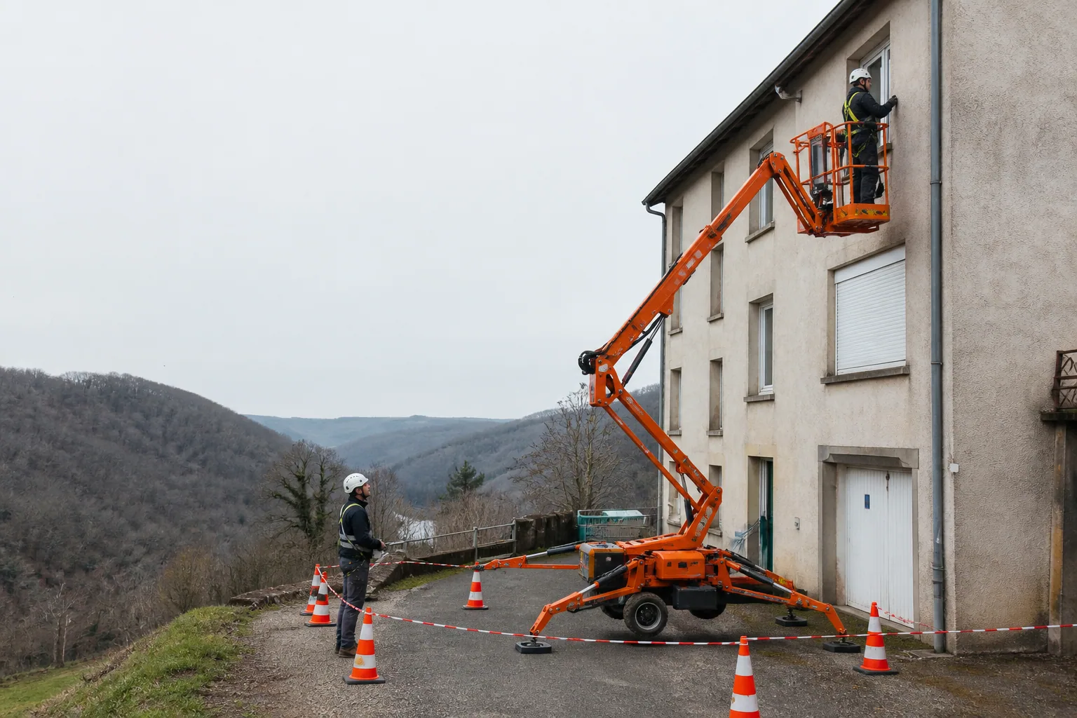 Une nacelle élévatrice orange intervient sur un bâtiment avec un technicien dans le panier et un opérateur au sol, dans le secteur de Tulle.