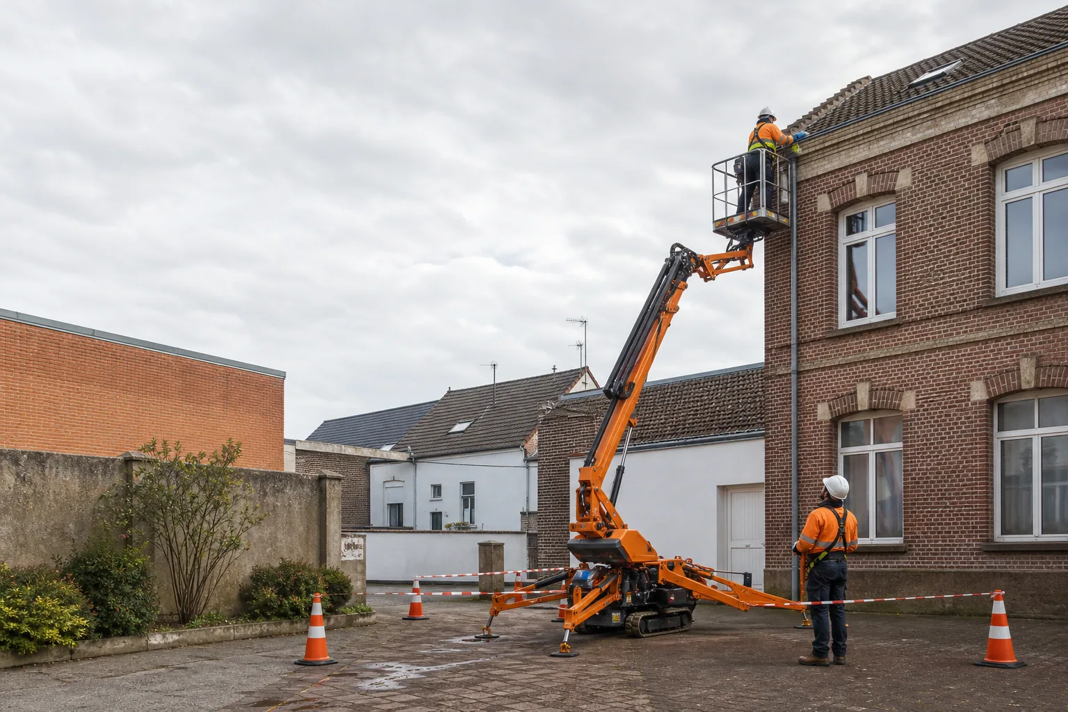 Une nacelle élévatrice orange intervient sur un bâtiment avec un technicien dans le panier et un opérateur au sol, dans le secteur de Valenciennes.