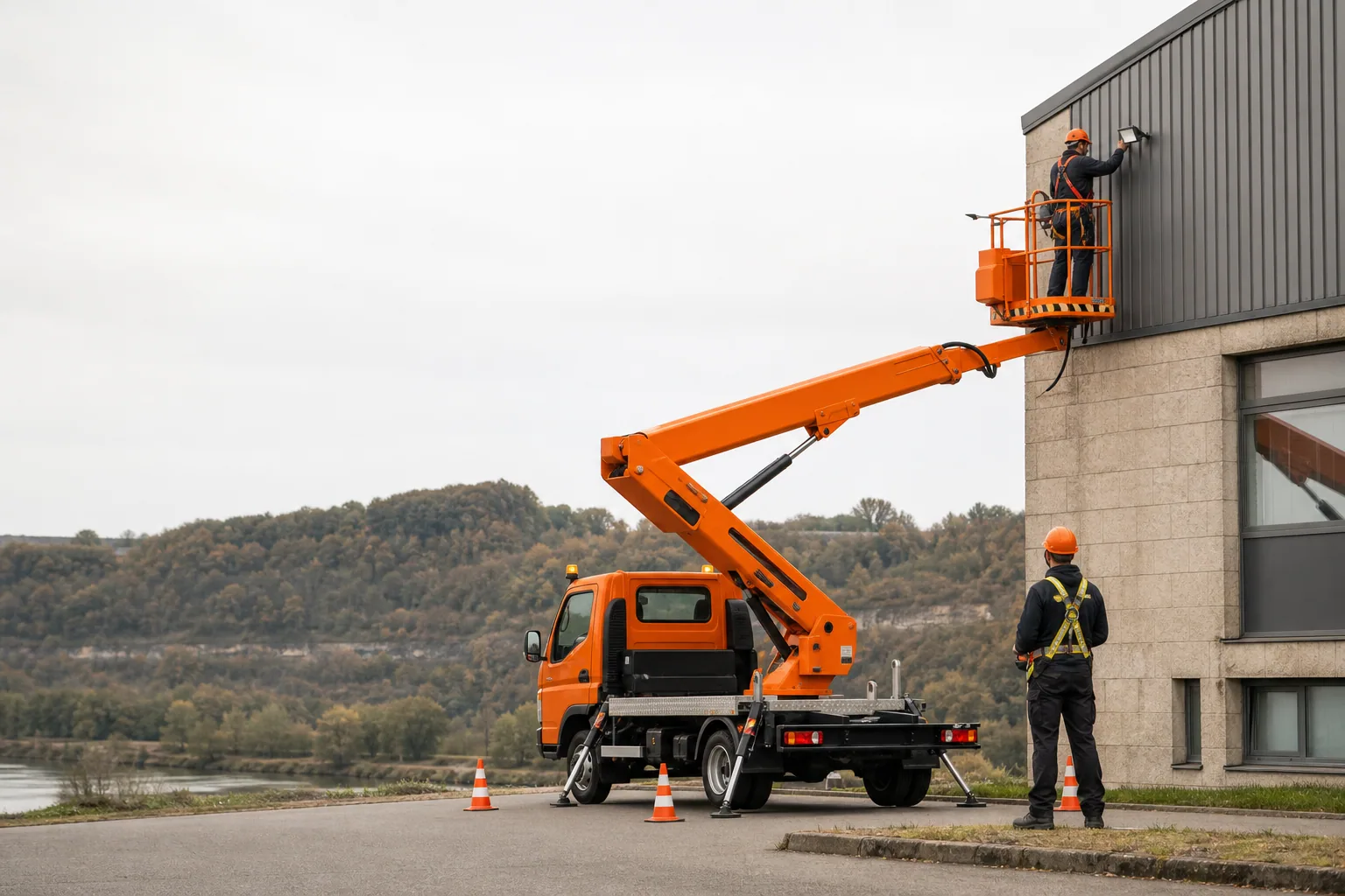 Une nacelle élévatrice orange intervient sur un bâtiment avec un technicien dans le panier et un opérateur au sol, dans le secteur de Verdun.
