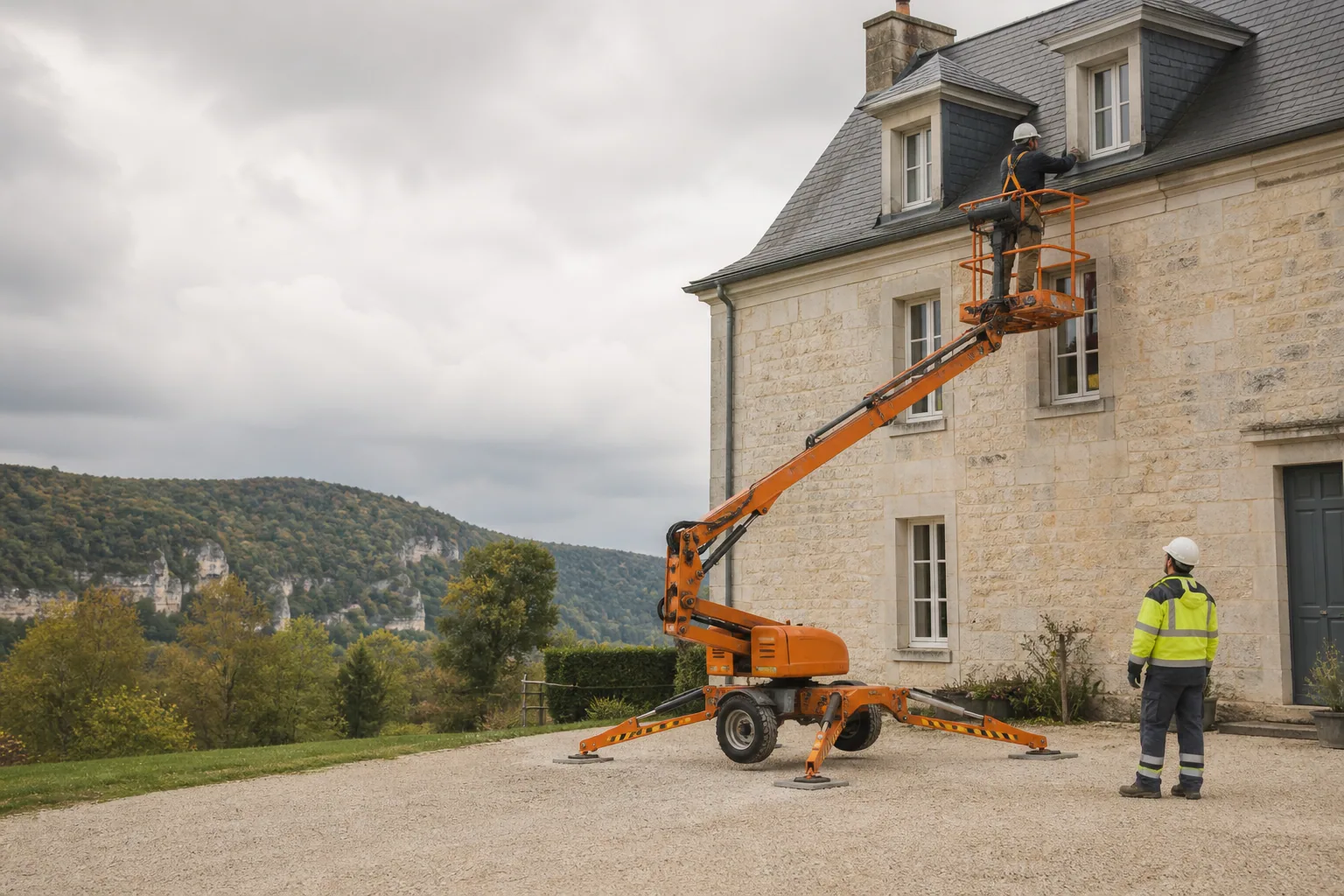 Une nacelle élévatrice orange intervient sur un bâtiment avec un technicien dans le panier et un opérateur au sol, dans le secteur de Vernon.