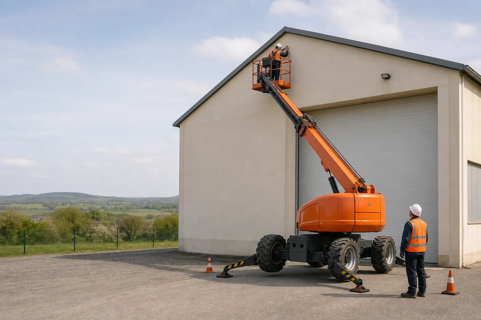 Une nacelle élévatrice orange intervient sur un bâtiment avec un technicien dans le panier et un opérateur au sol, dans le secteur de Vesoul.