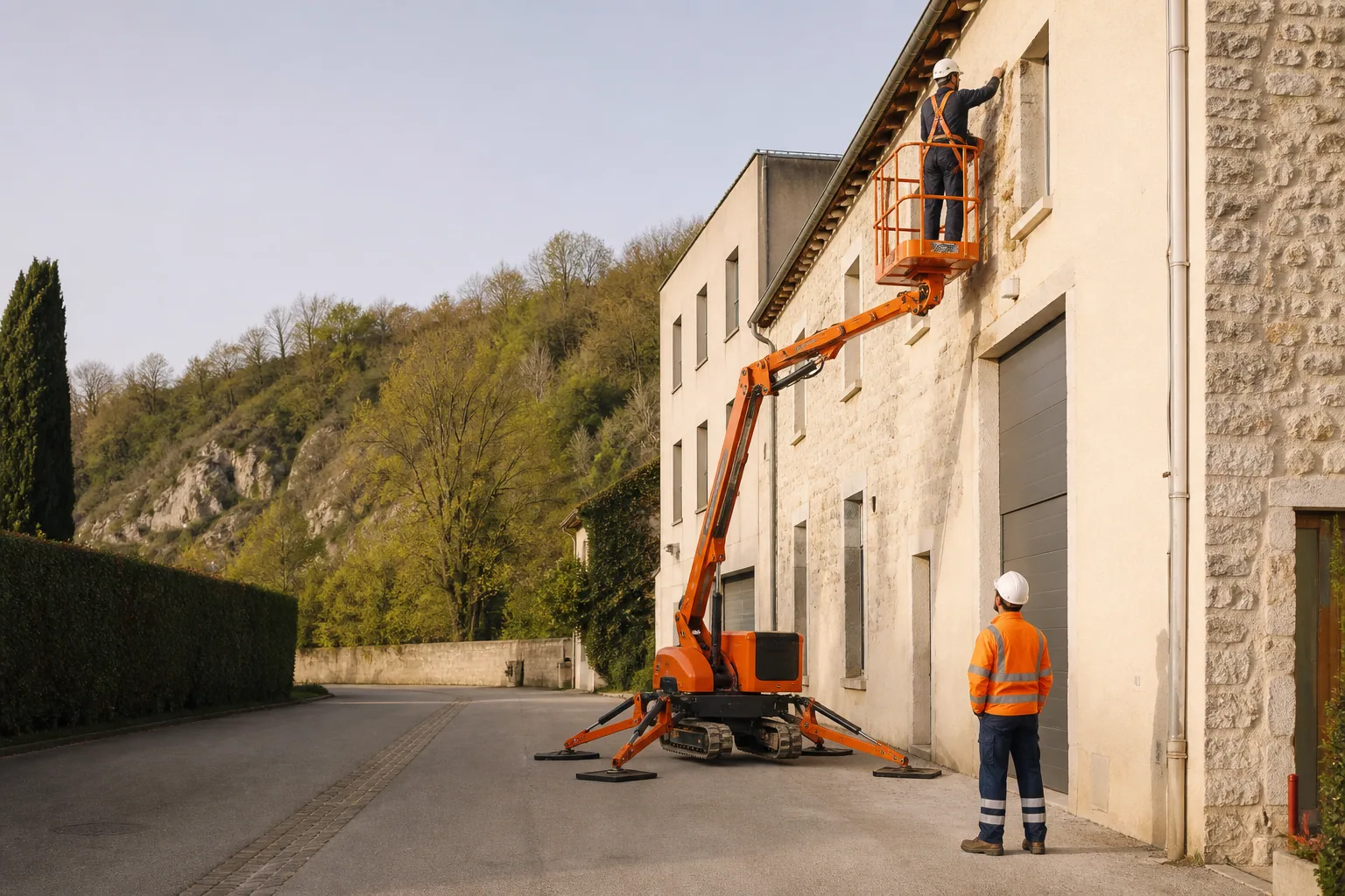 Une nacelle élévatrice orange intervient sur un bâtiment avec un technicien dans le panier et un opérateur au sol, dans le secteur de Vienne.