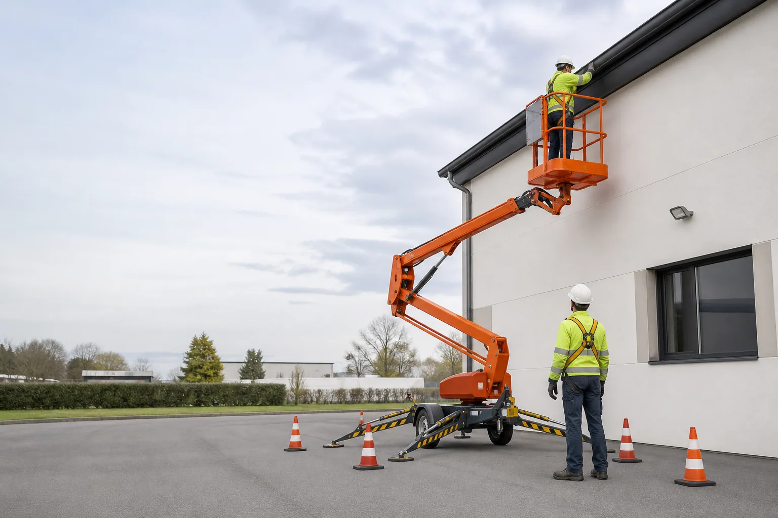 Une nacelle élévatrice orange intervient sur un bâtiment avec un technicien dans le panier et un opérateur au sol, dans le secteur de Vierzon.