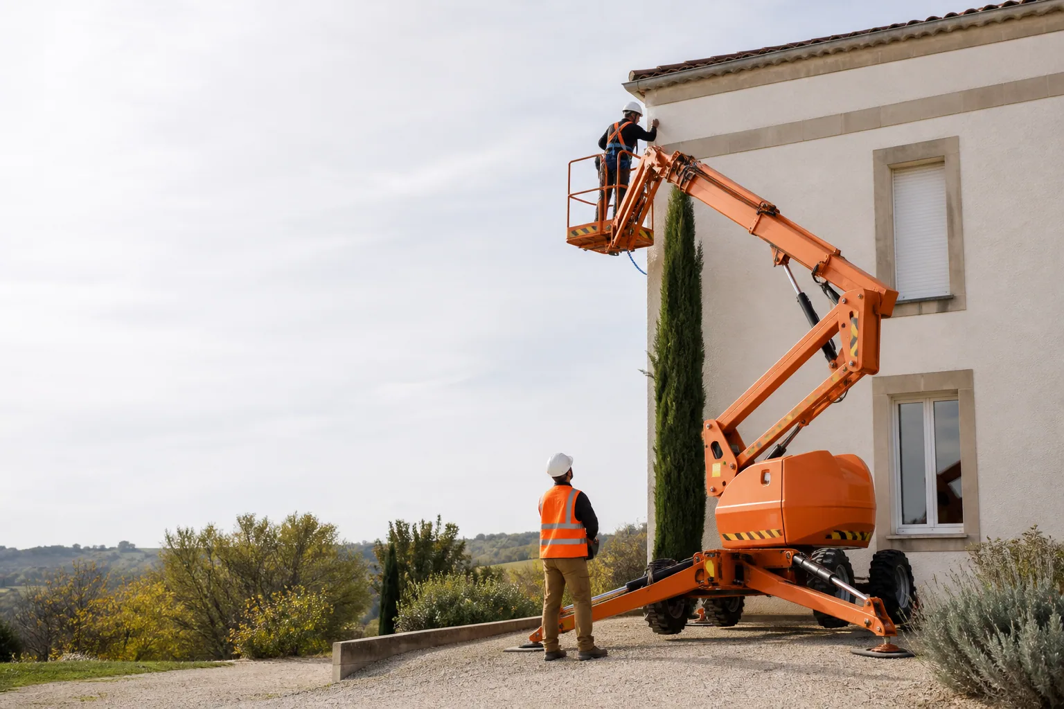 Une nacelle élévatrice orange intervient sur un bâtiment avec un technicien dans le panier et un opérateur au sol, dans le secteur de Villeneuve-sur-Lot.