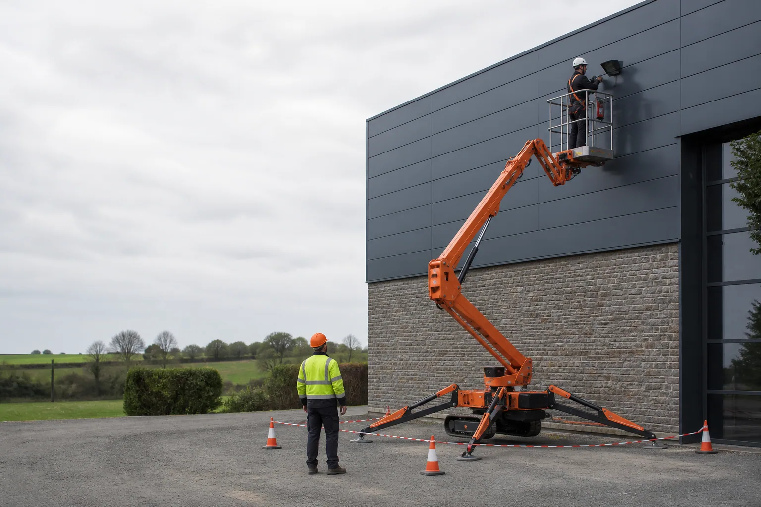 Une nacelle élévatrice orange intervient sur un bâtiment avec un technicien dans le panier et un opérateur au sol, dans le secteur de Vitré.