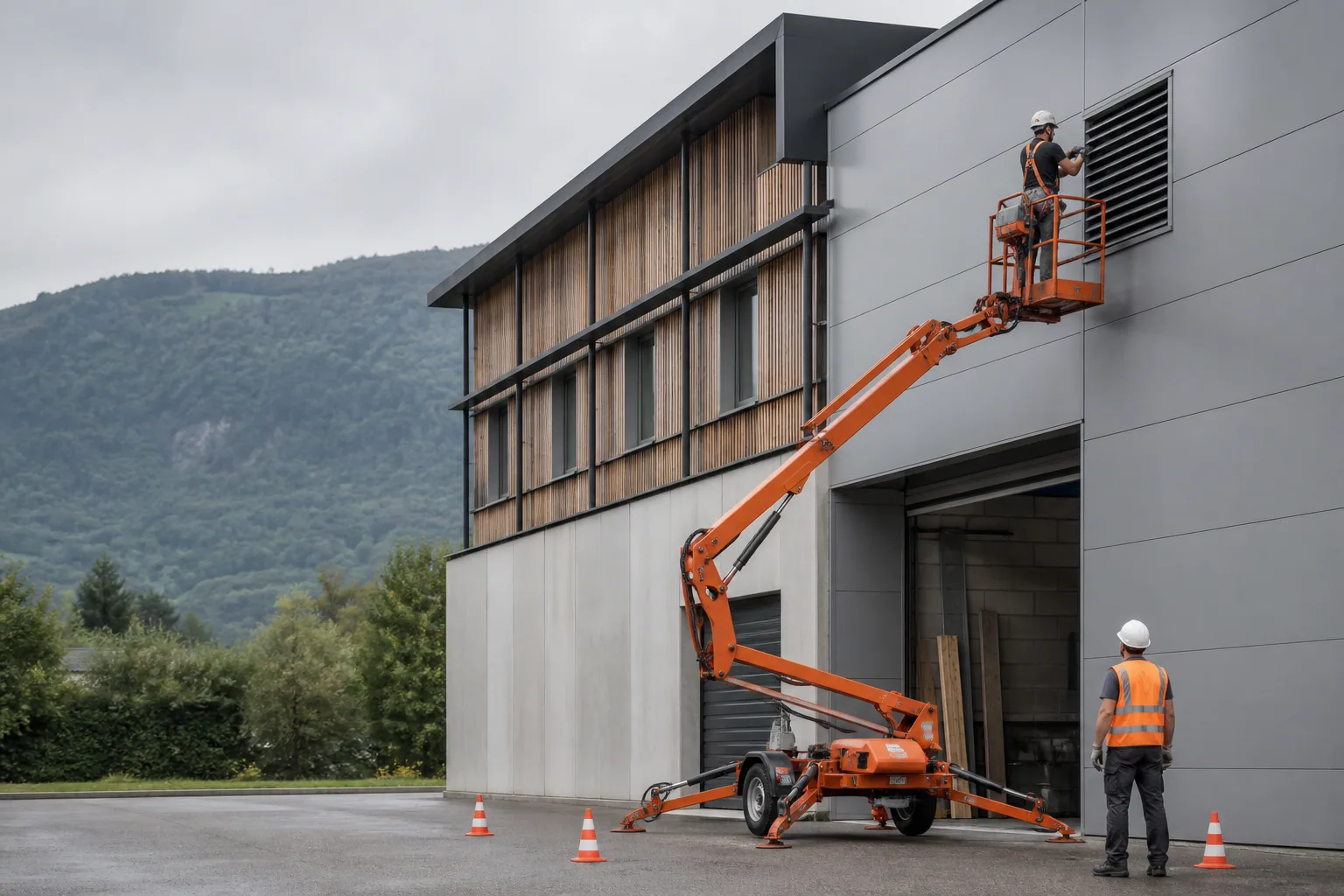 Une nacelle élévatrice orange intervient sur un bâtiment avec un technicien dans le panier et un opérateur au sol, dans le secteur de Voiron.