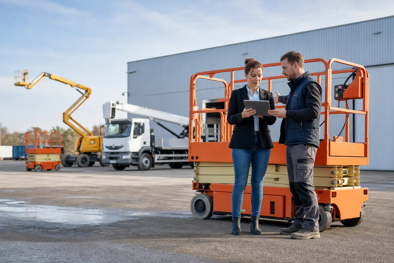 Une responsable de chantier compare des solutions de location sur une tablette devant plusieurs nacelles.