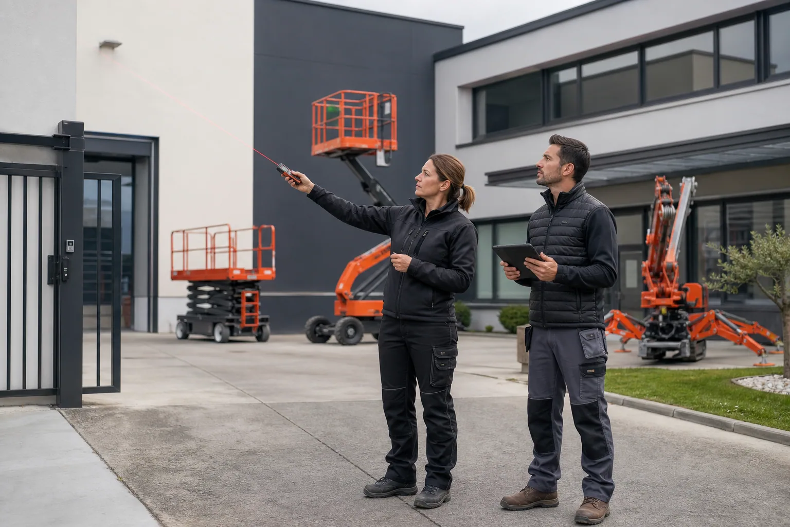 Une technicienne mesure au laser la hauteur et l’accès d’un chantier devant trois types de nacelles.