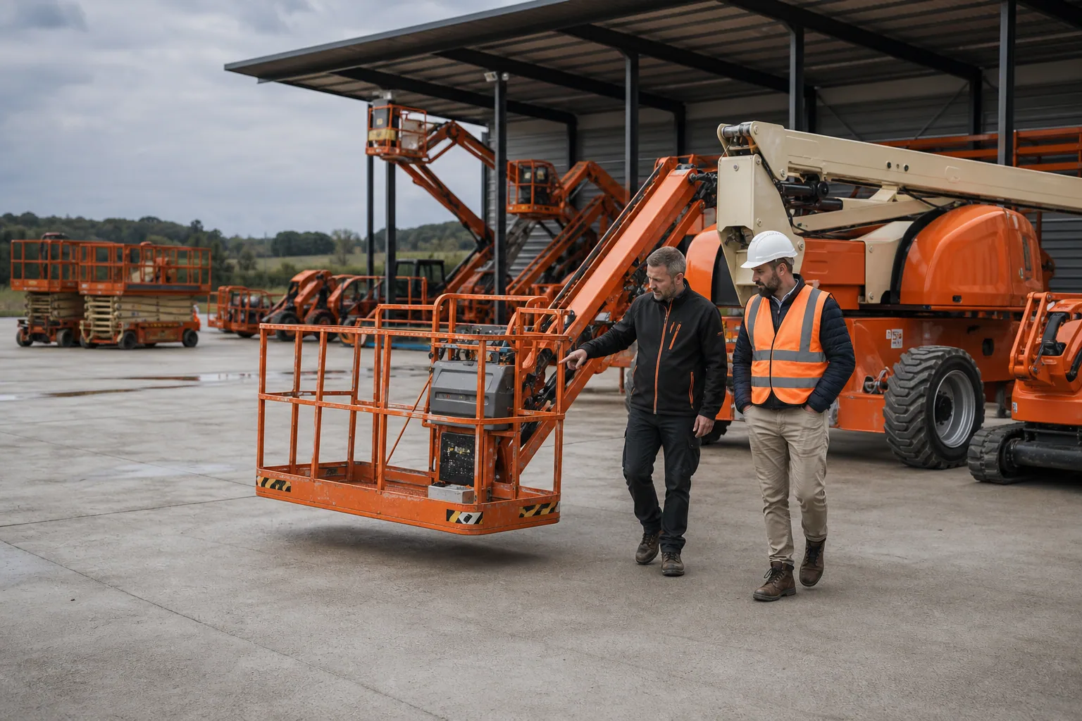 Deux professionnels inspectent le panier d’une nacelle dans un parc de location composé de plusieurs machines.
